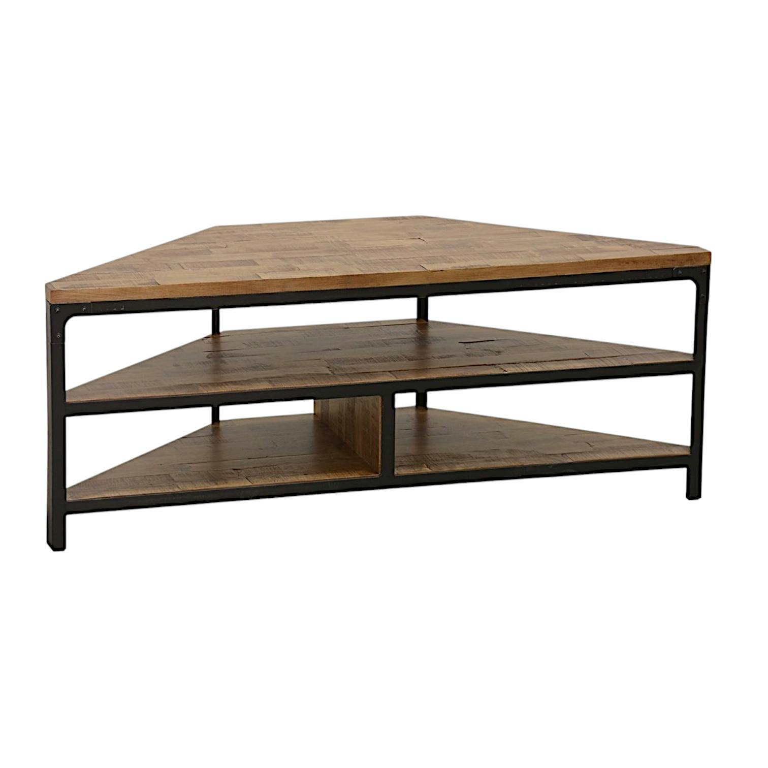 Meuble TV d'angle 3 étages ouverts en Hévéa recyclé naturel et métal 120x46x46cm LOFT