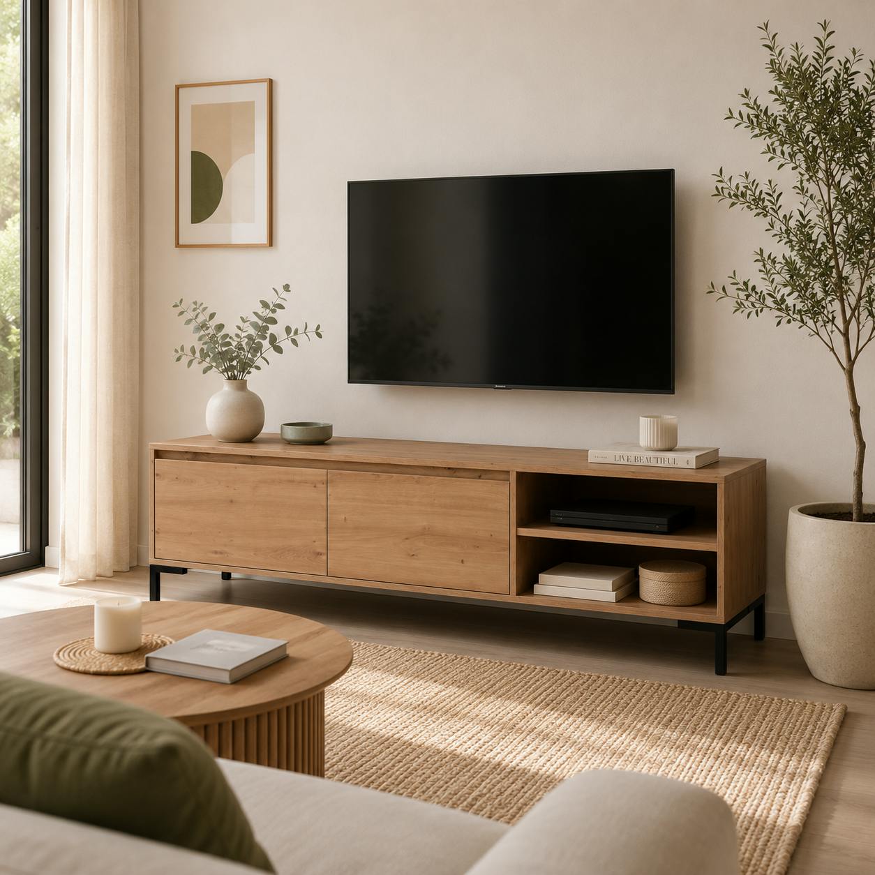 Meuble TV décor bois 2 portes 2 niches KARVI