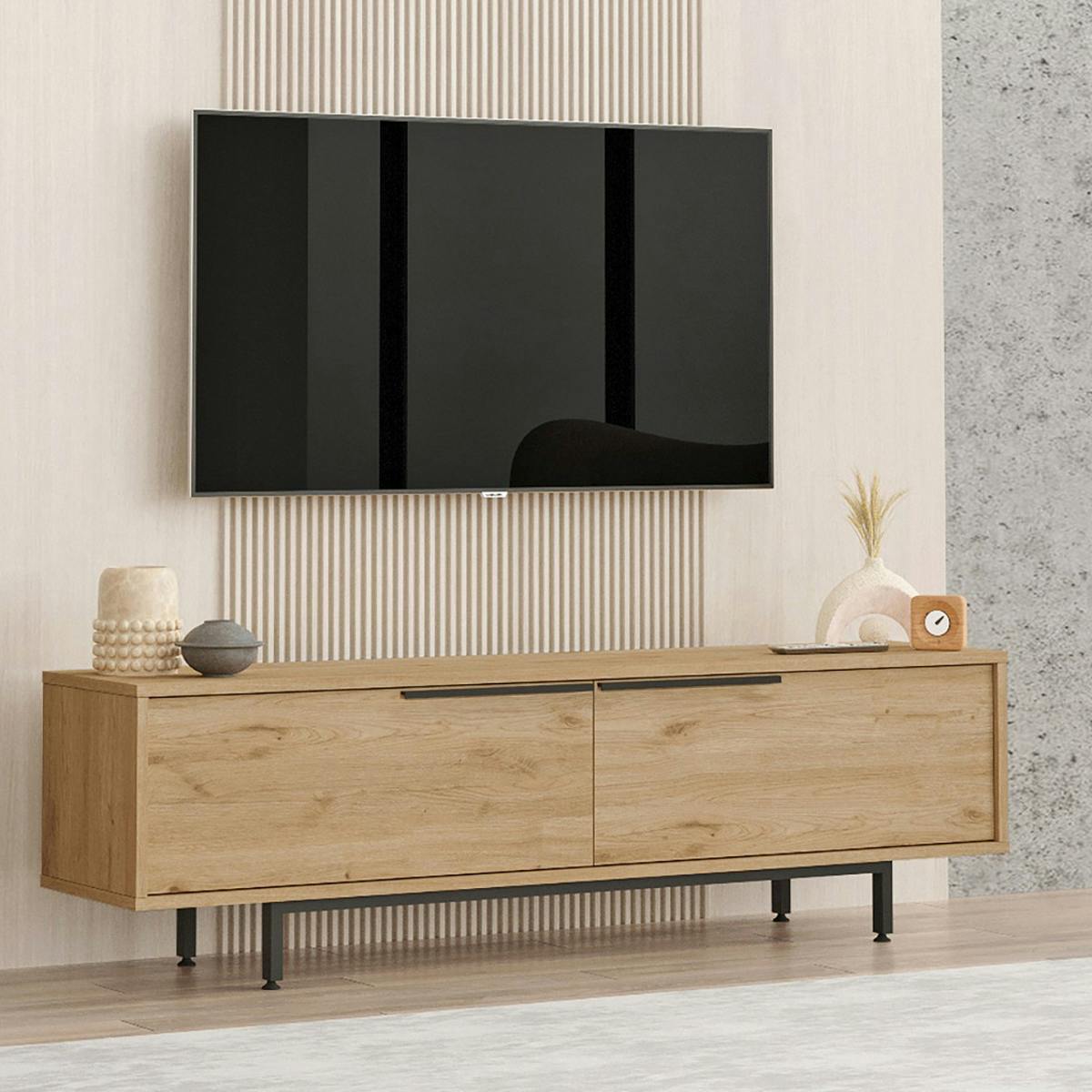 Meuble TV décor bois avec rangement pieds métal noir JENA