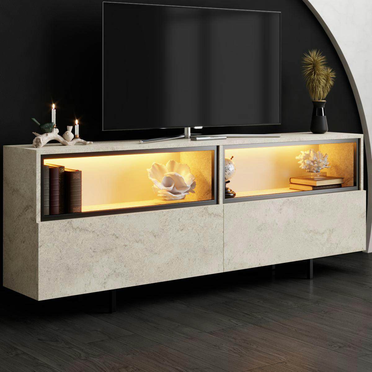 Meuble TV décor travertin 2 portes 2 niches hautes LED AURA