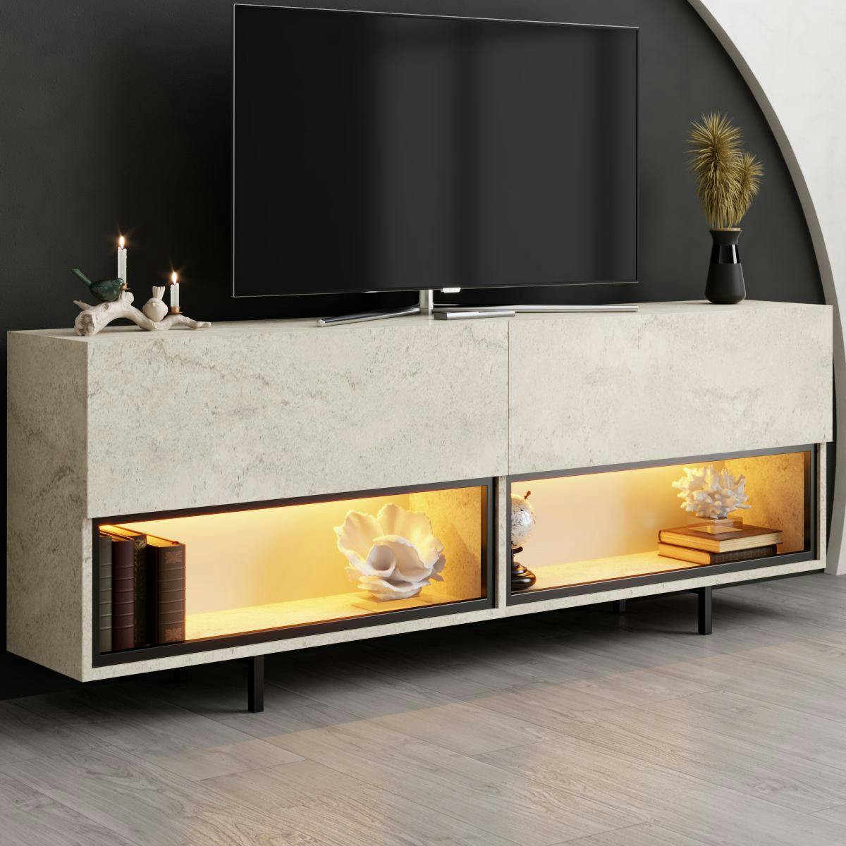 Meuble TV décor travertin 2 portes 2 niches LED AURA