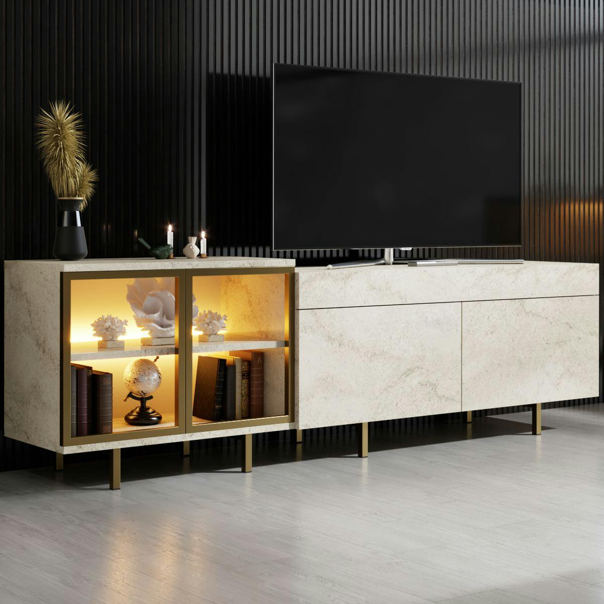 Meuble TV décor travertin et doré 2 portes 1 niche LED AURA