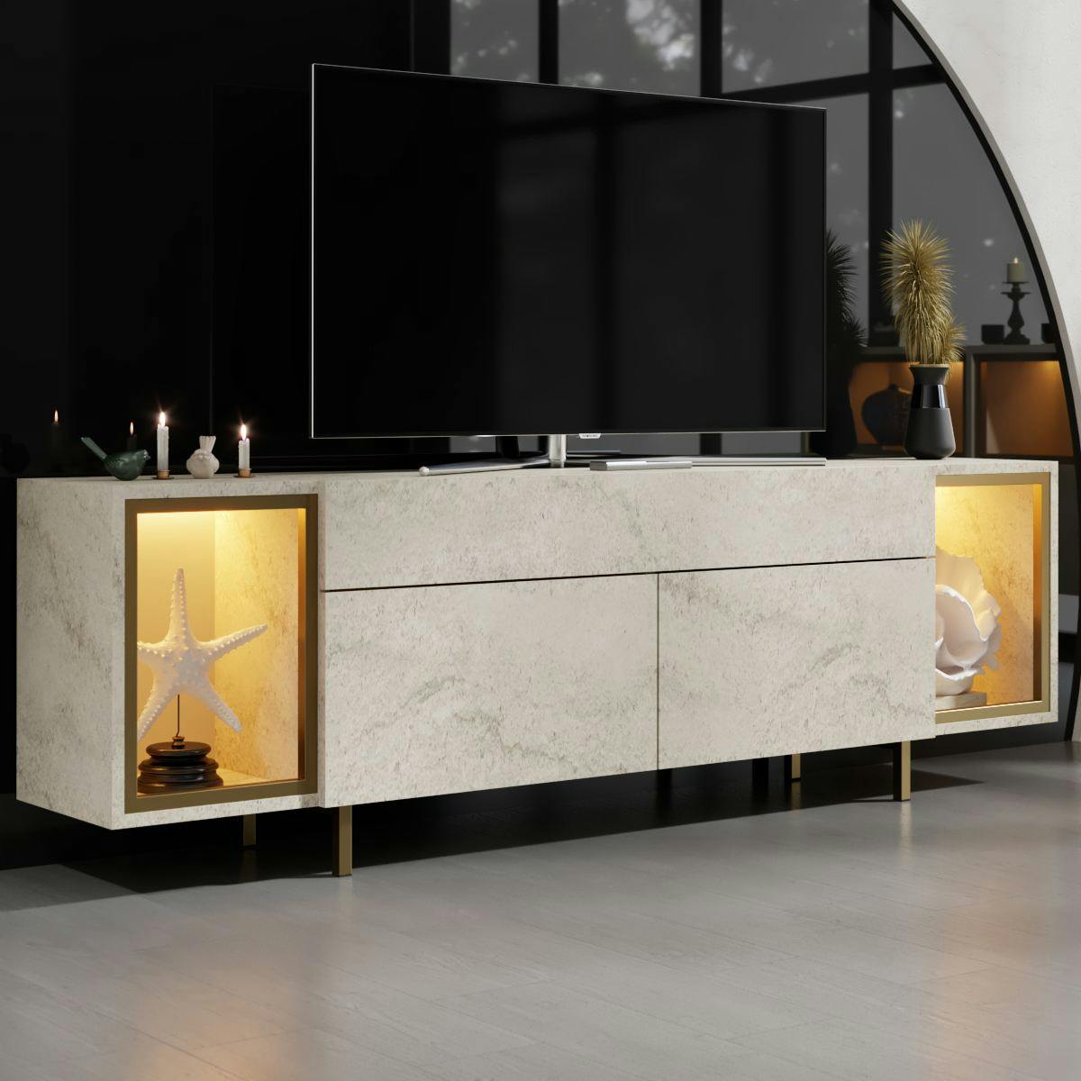 Meuble TV décor travertin et doré 2 portes 2 niches LED AURA