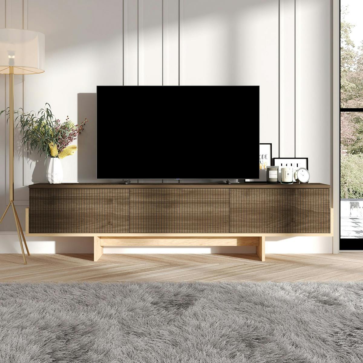 Meuble TV design 3 portes striées effet bois foncé cadre clair MARFA