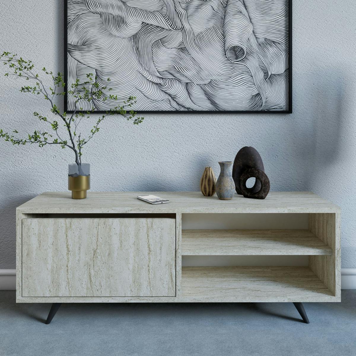 Meuble TV design décor travertin 1 porte 2 niches UMEA