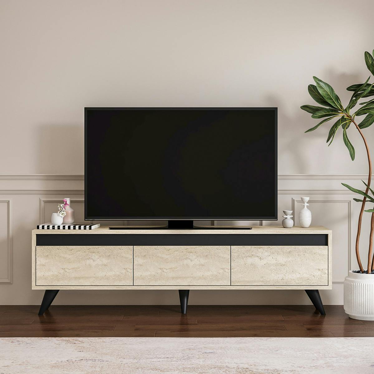Meuble TV design décor travertin avec pieds obliques UMEA