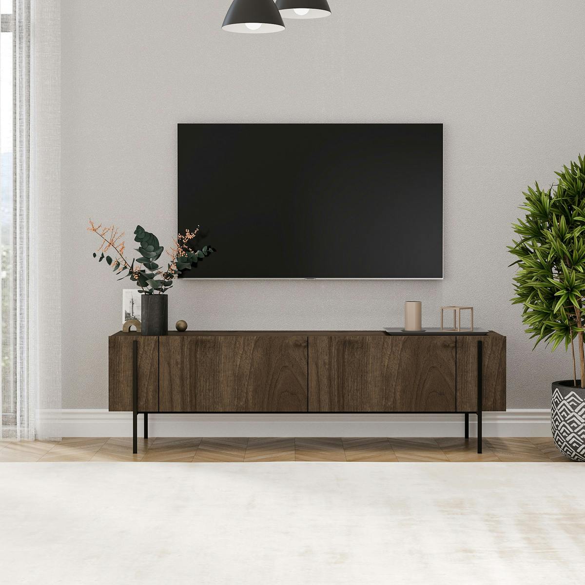Meuble TV design effet bois foncé pieds noirs baguette JENA