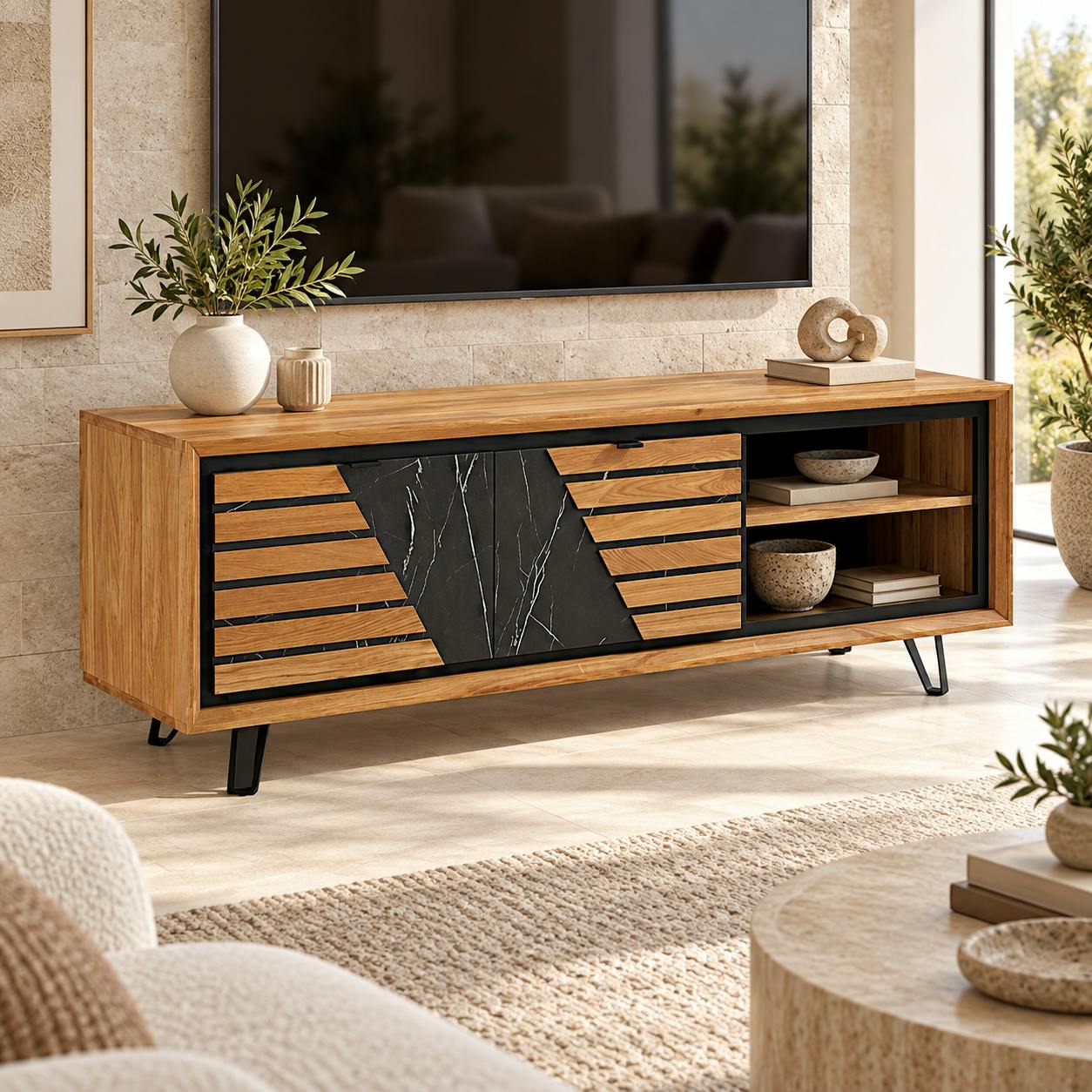Meuble tv design en bois de chêne finition miel, 2 portes ESSEN