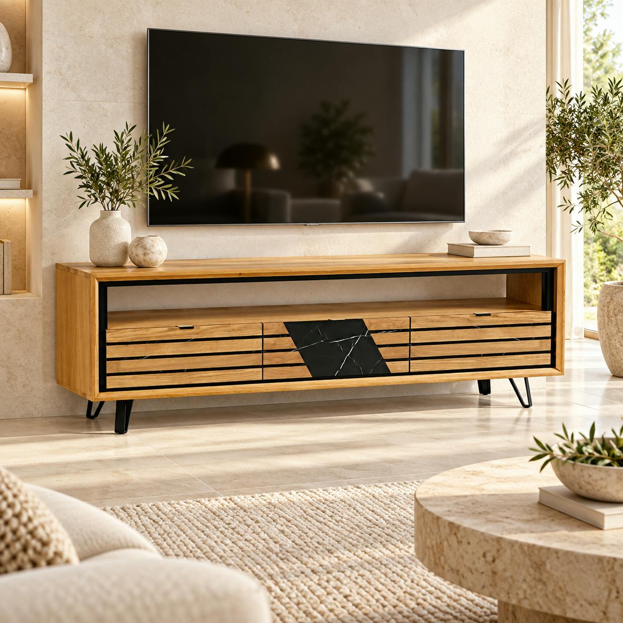 Meuble tv design en bois de chêne finition miel, 3 tiroirs ESSEN