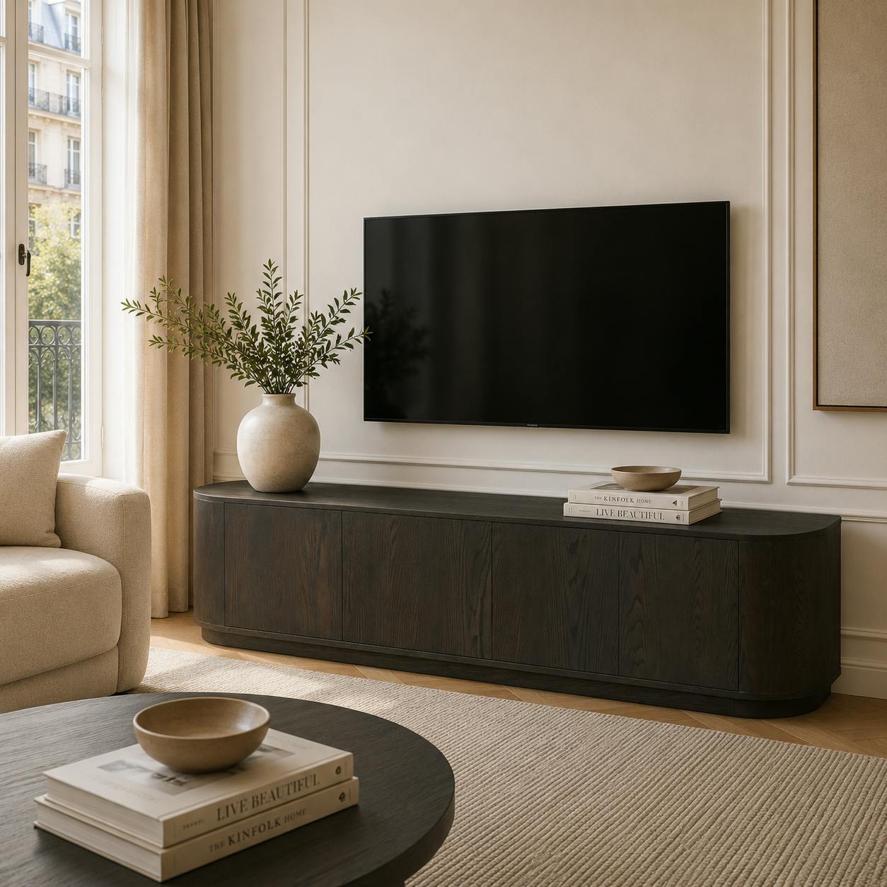 Meuble TV design en chêne brun 4 portes 220 cm LOREN