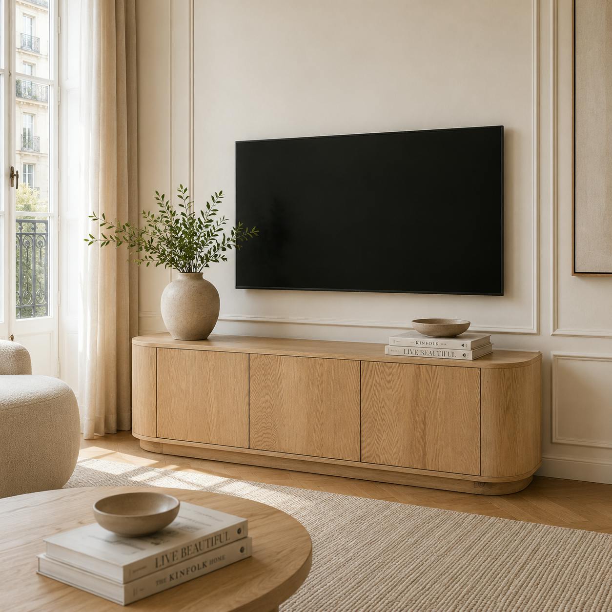 Meuble TV design en chêne clair 3 portes LOREN