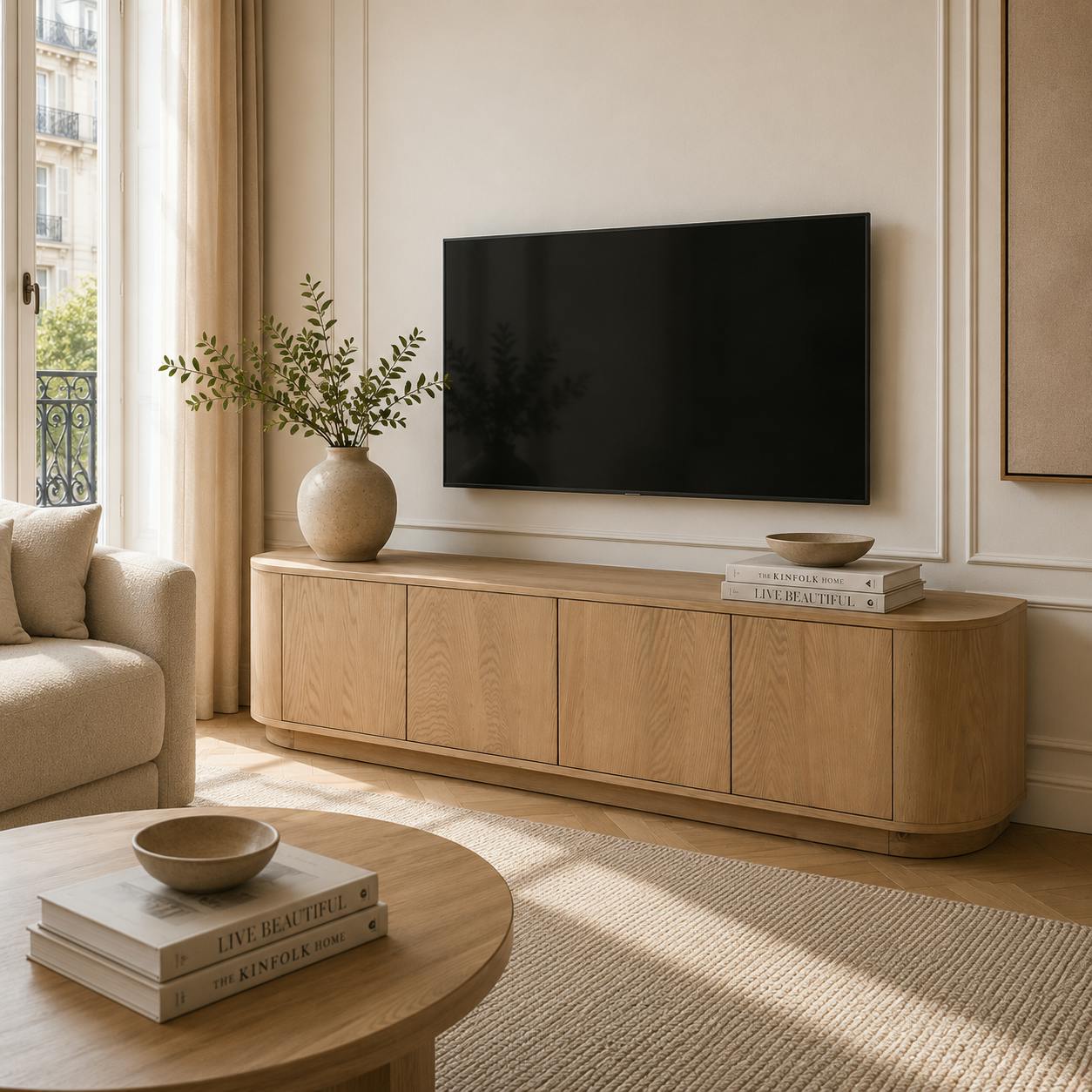 Meuble TV design en chêne clair 4 portes LOREN