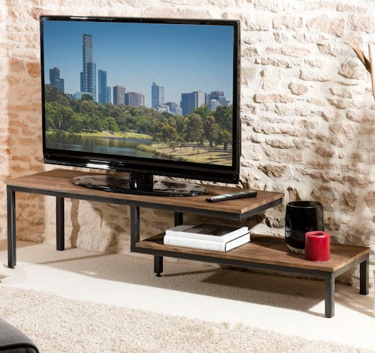 Meuble TV bois recycle et metal deux plateaux de style contemporain