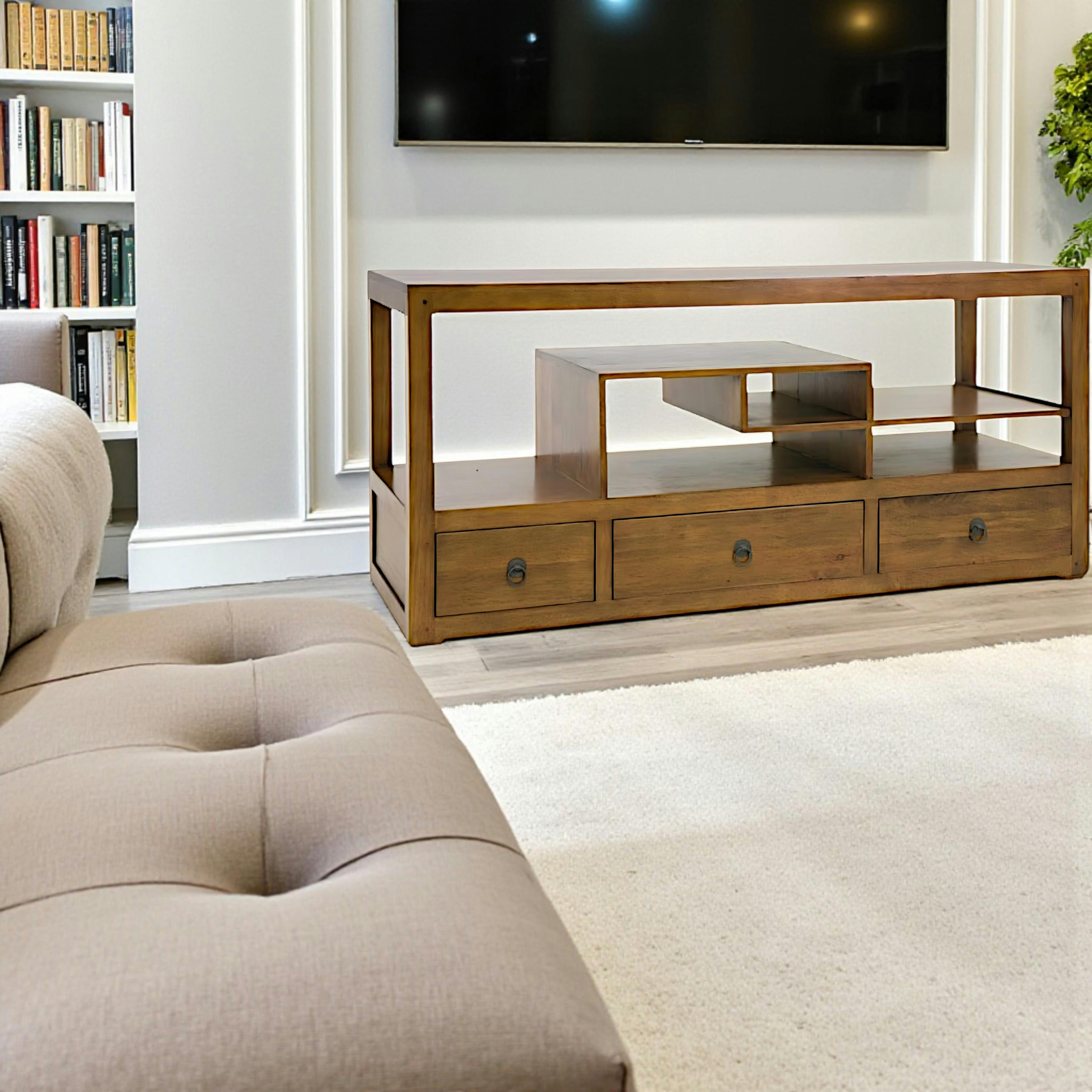 Meuble TV destructuré Hévéa 3 tiroirs 140x50x65cm HELENA