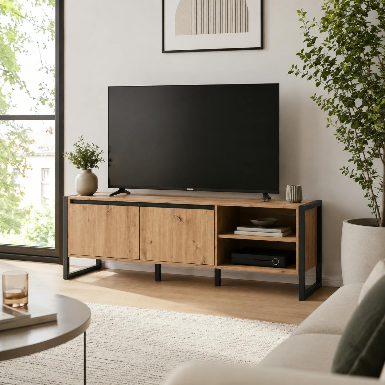 Meuble TV effet chêne 2 portes 2 niches ALVA
