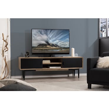  Meuble TV en Acacia massif couleur naturelle 2 portes coulissantes noires, 2 niches et pieds métal 165x45x55cm PALMEIRA
