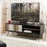 Meuble TV en Acacia massif noir 2 niches, 1 porte coulissante bandes teintes variées 150x45x56cm CADIX