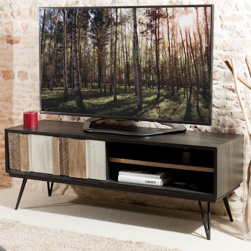 Meuble TV en Acacia massif noir 2 niches, 1 porte coulissante bandes teintes variées 150x45x56cm CADIX