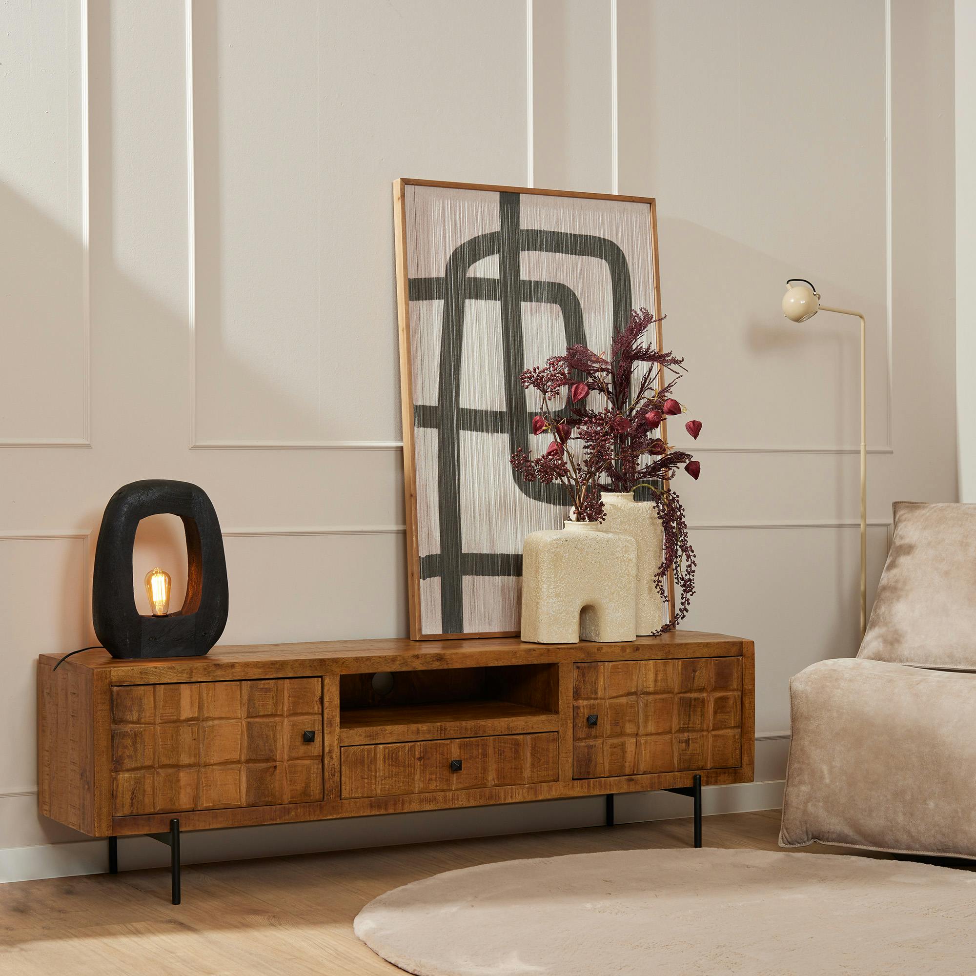 Meuble TV en bois 2 portes décor damier UDA