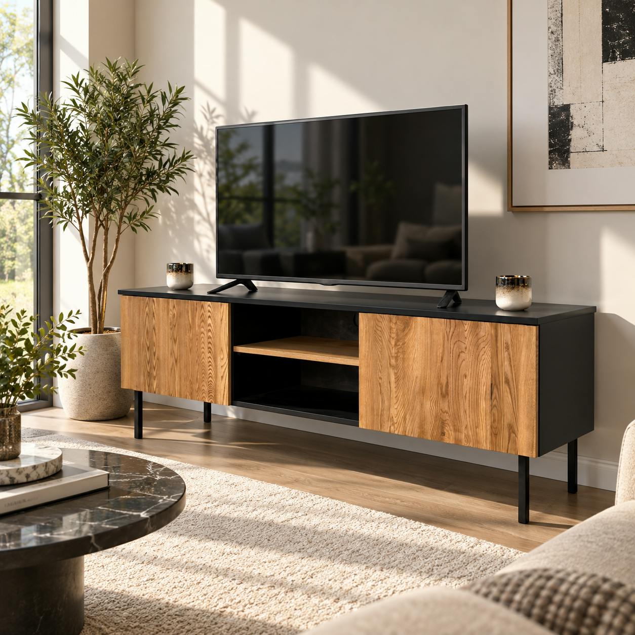 Meuble TV en bois bicolore avec façade ondulée TARAN