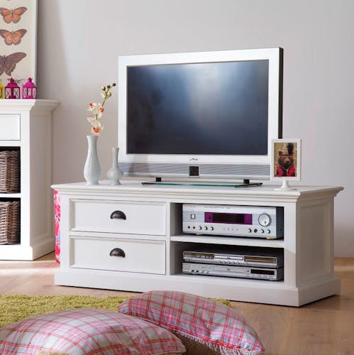 Meuble TV en bois blanc 2 tiroirs acajou 120x45cm ROYAN