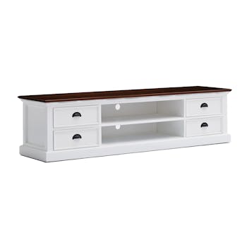 Meuble TV en bois blanc avec plateau acajou 4 tiroirs 2 casiers 180x45cm ROYAN
