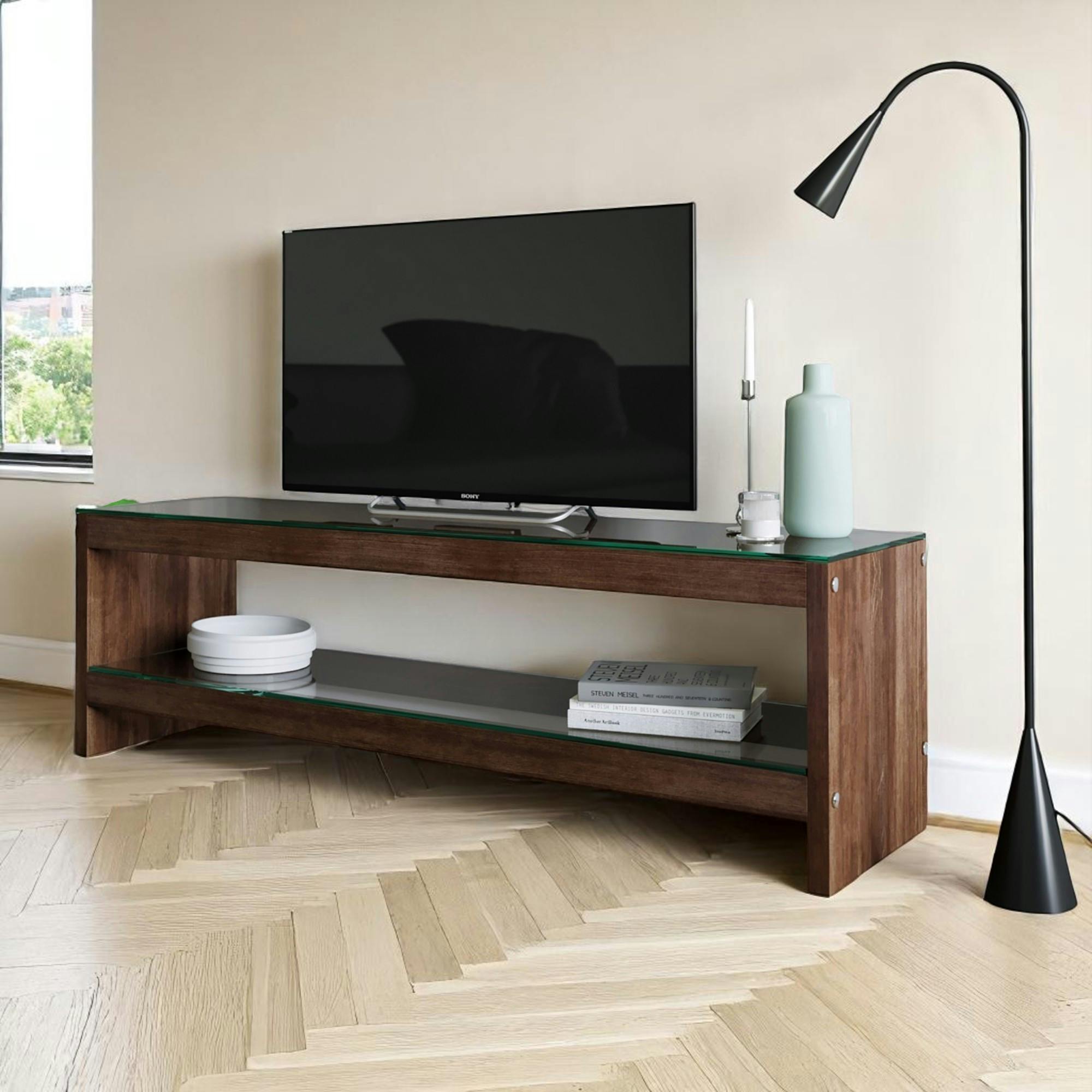 Meuble TV en bois brun et verre - 140 cm LHASA
