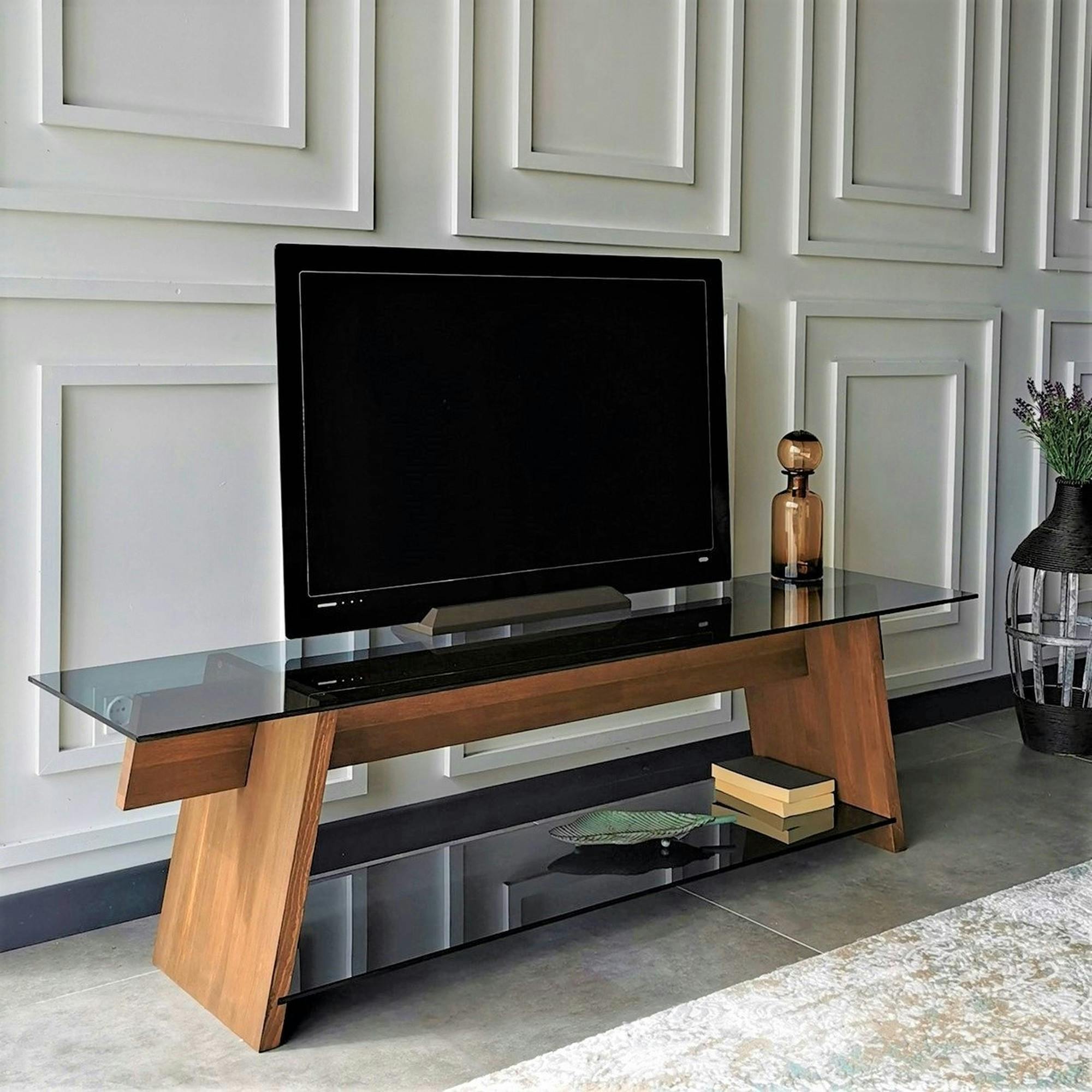 Meuble TV en bois brun et verre fumé - forme trapèze LHASA