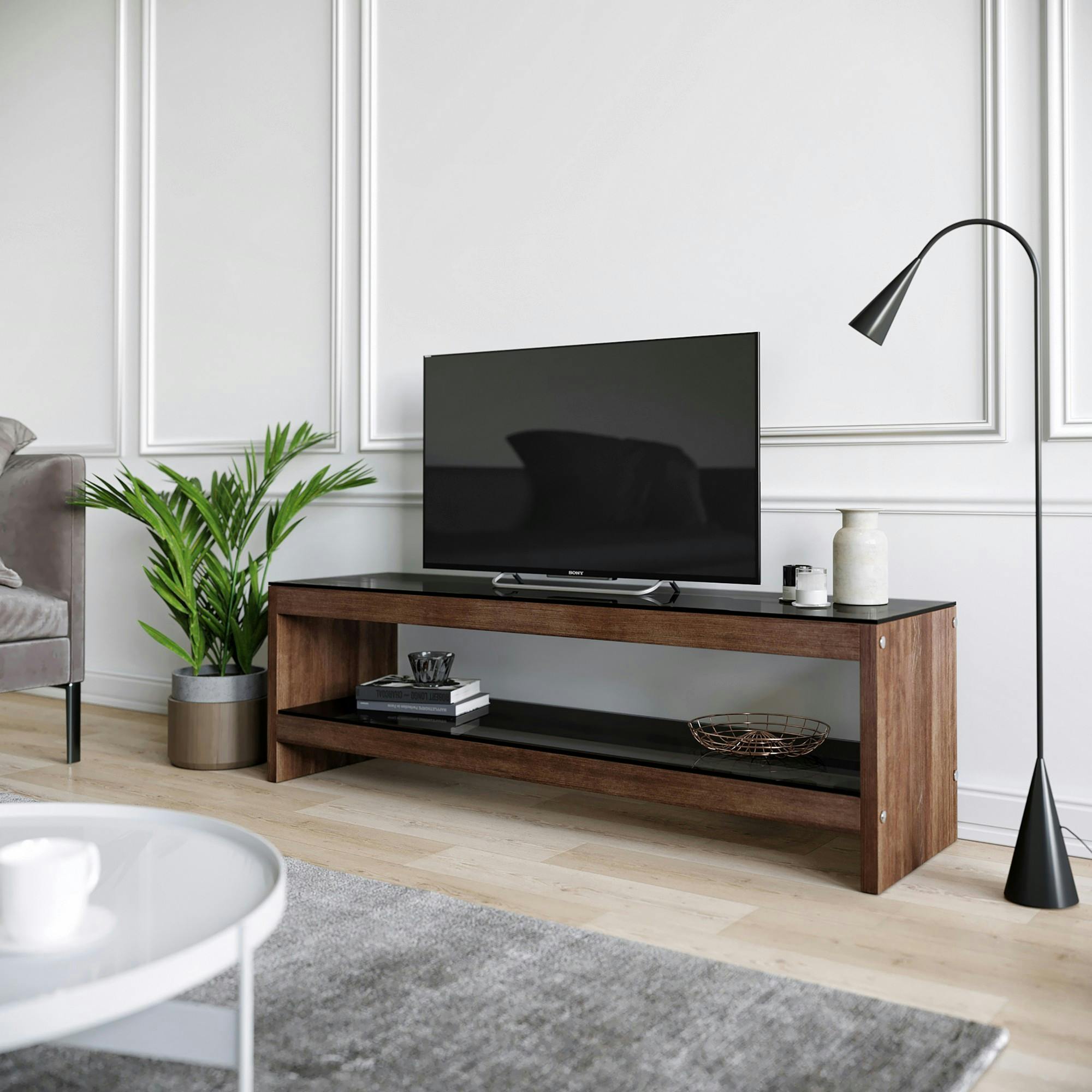 Meuble TV en bois brun et verre fumé - LHASA