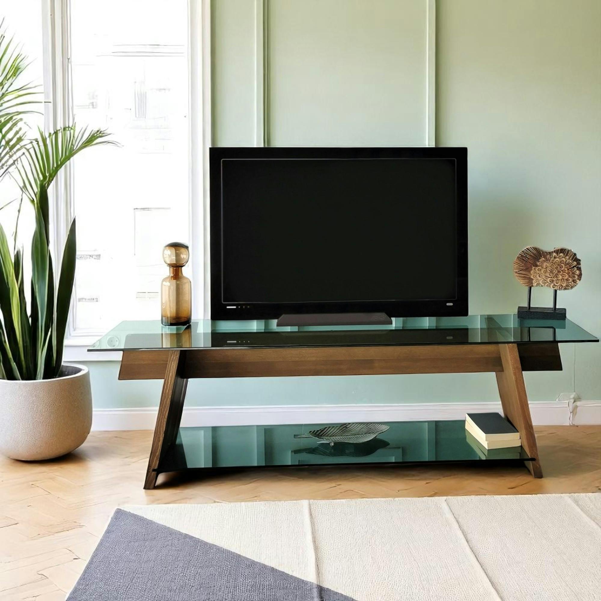 Meuble TV en bois brun et verre lagon - forme trapèze LHASA