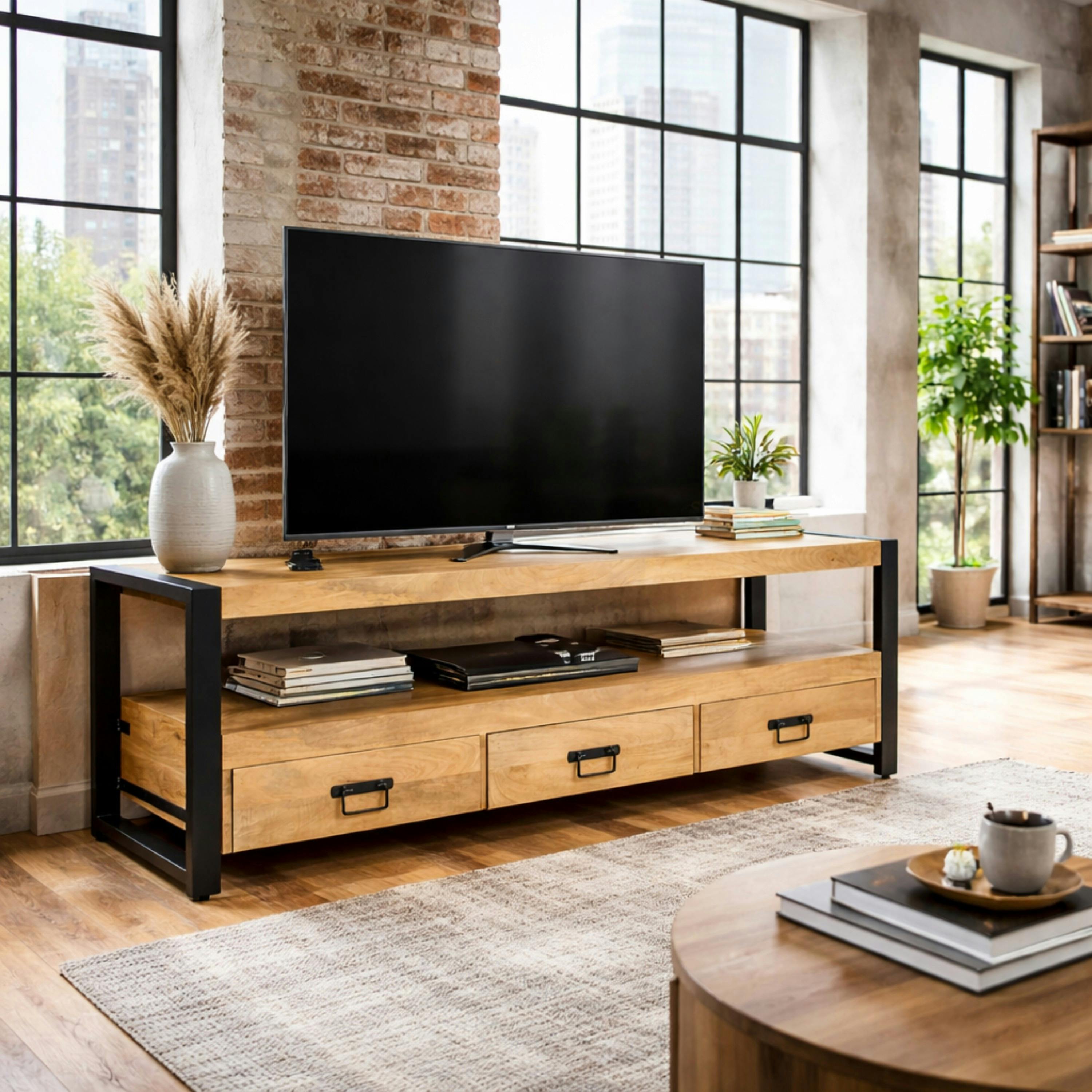 Meuble TV en bois clair et métal noir 3 tiroirs MILORA