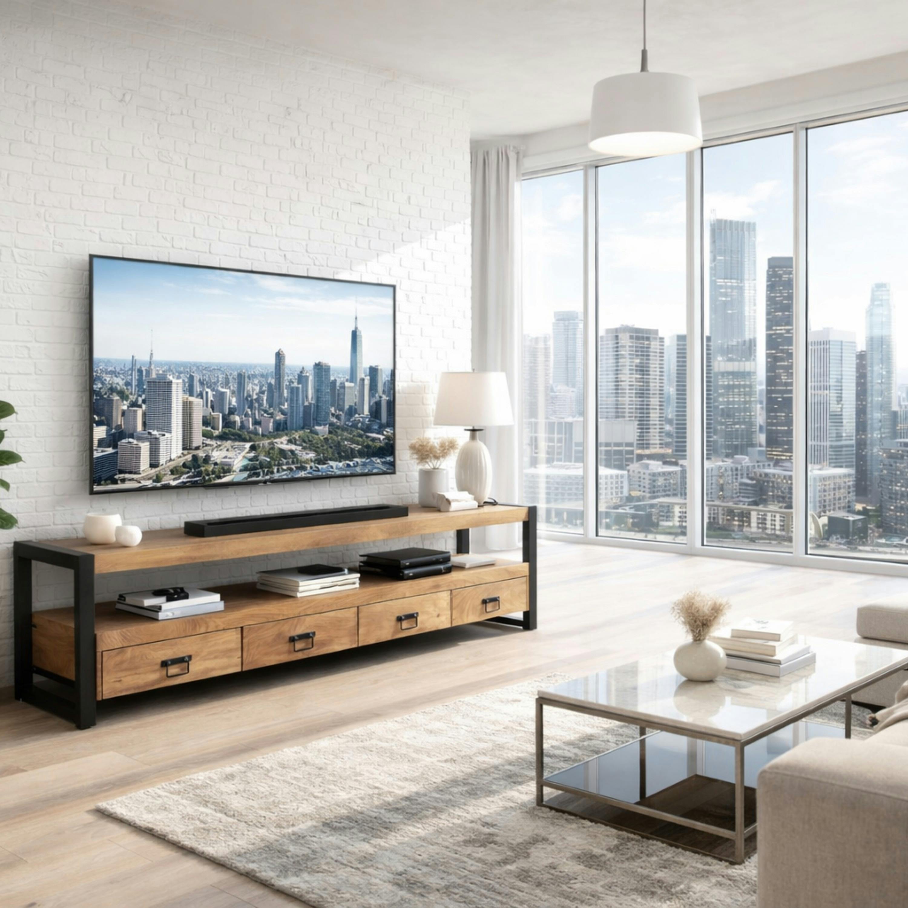 Meuble TV en bois clair et métal noir 4 tiroirs MILORA