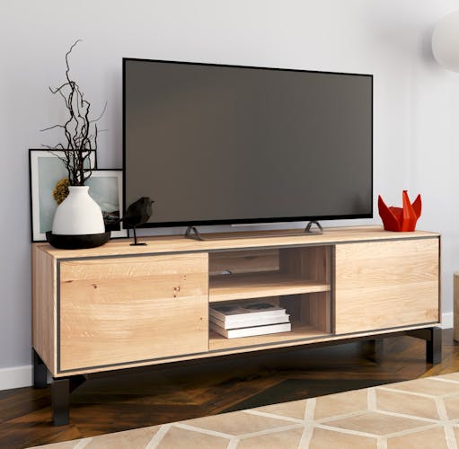 Meuble tv en bois de chêne blanc et métal noir MESSINE