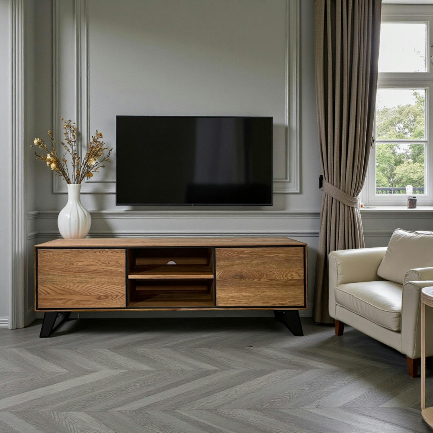 Meuble tv en bois de chêne brun et pieds obliques PALERME