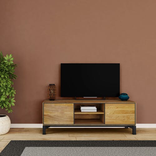 Meuble tv en bois de chêne huilé et métal noir MESSINE