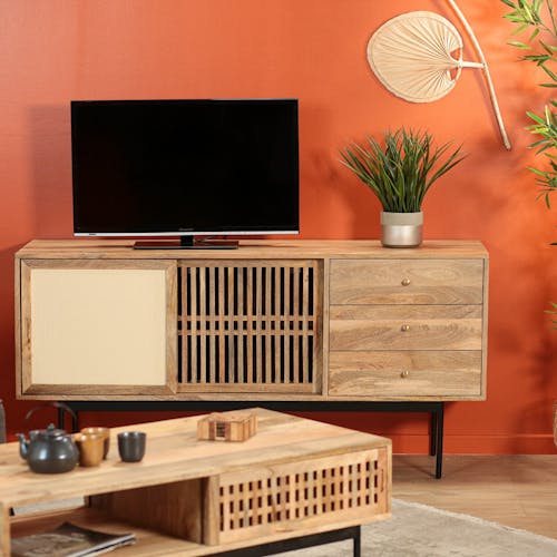 Petit meuble TV en bois à portes coulissantes motif baguette MELBOURNE, Meubles  TV