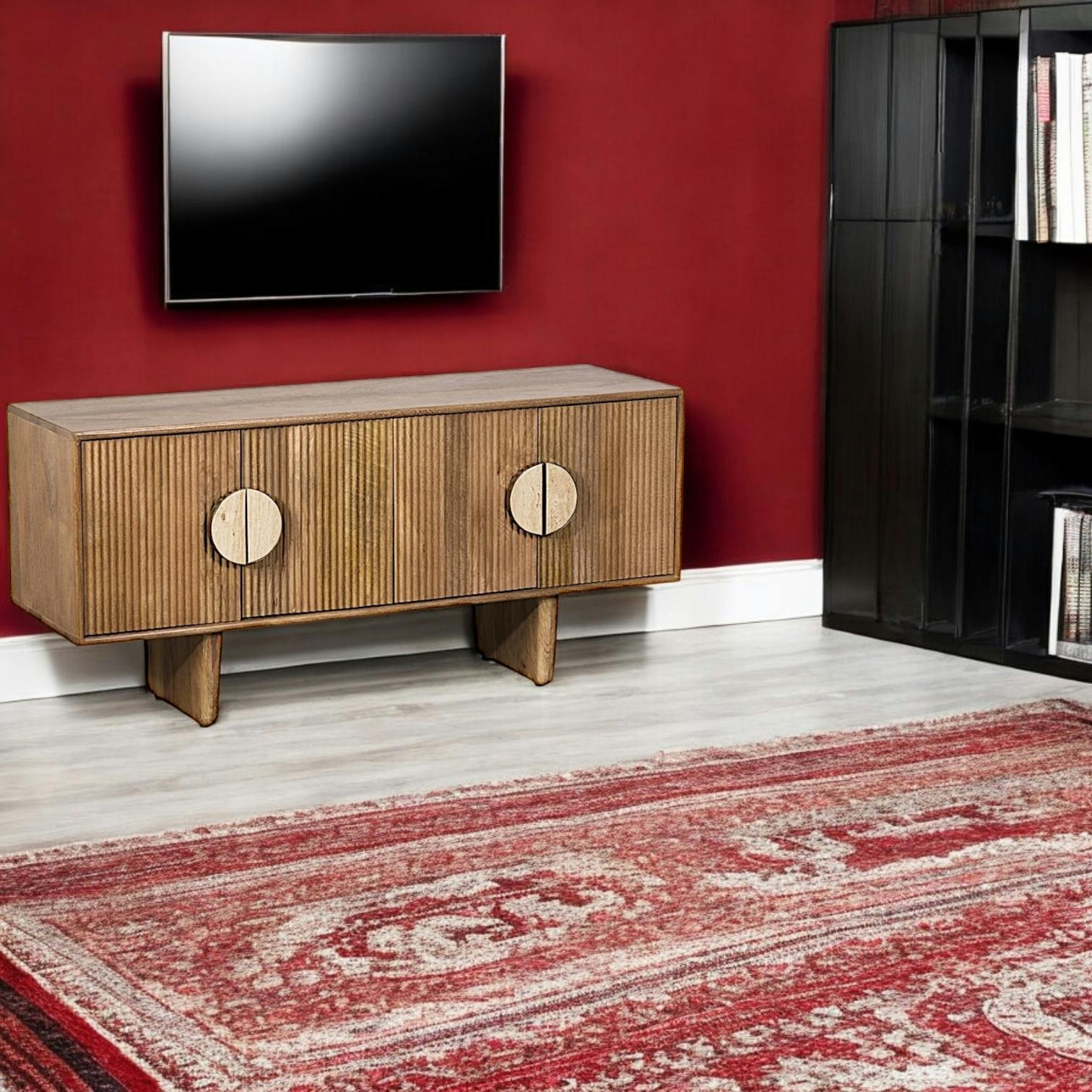 Meuble TV en bois de manguier et travertin MOON