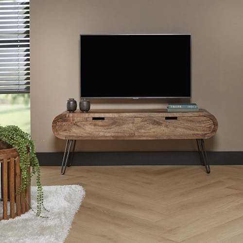 Petit meuble TV en bois à portes coulissantes motif baguette MELBOURNE, Meubles  TV