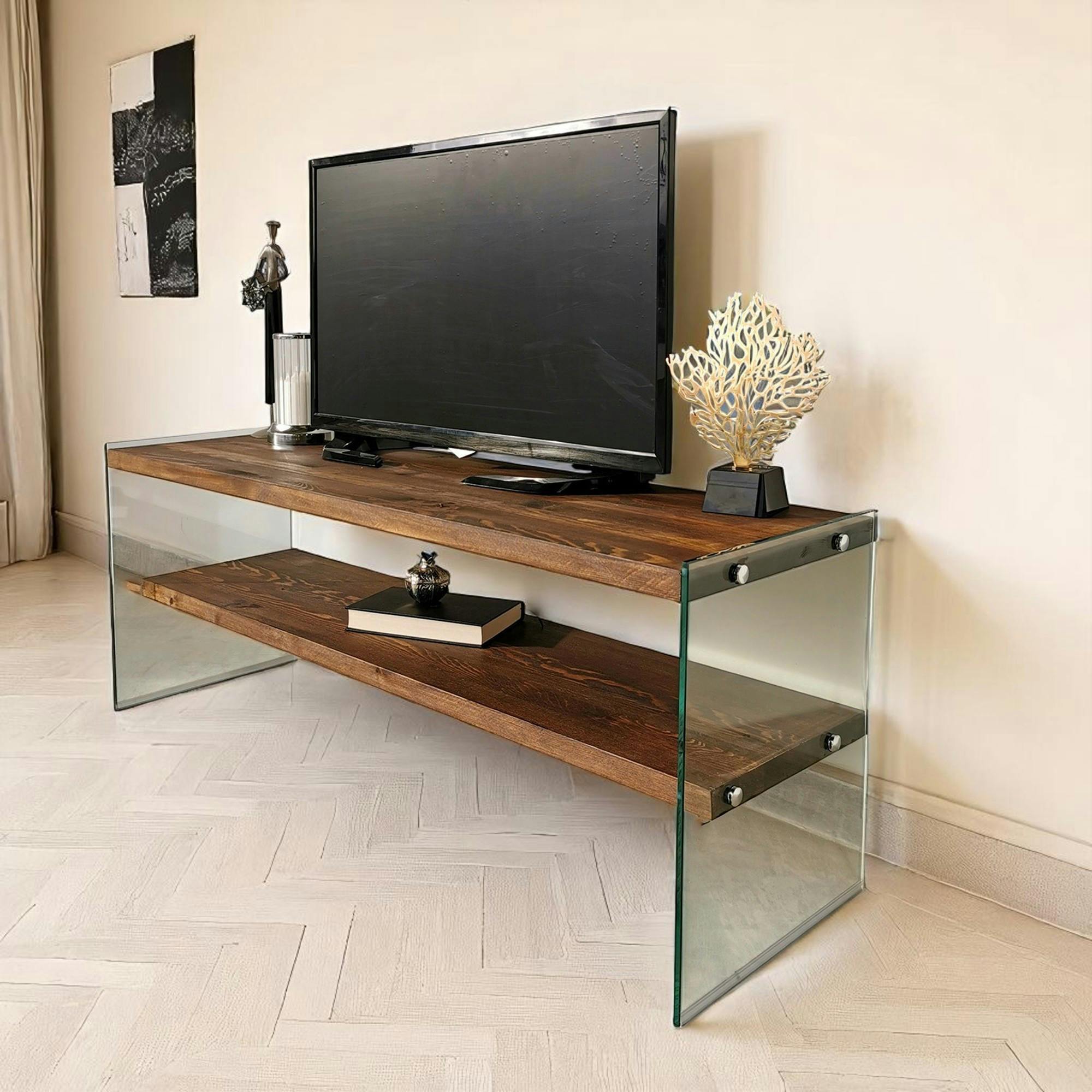 Meuble TV en bois marron et verre - 2 niveaux LHASA