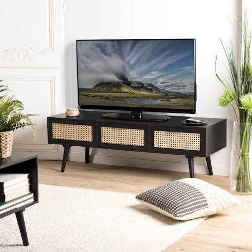 Meuble TV en bois noir avec cannage PALMA 2, Meubles TV