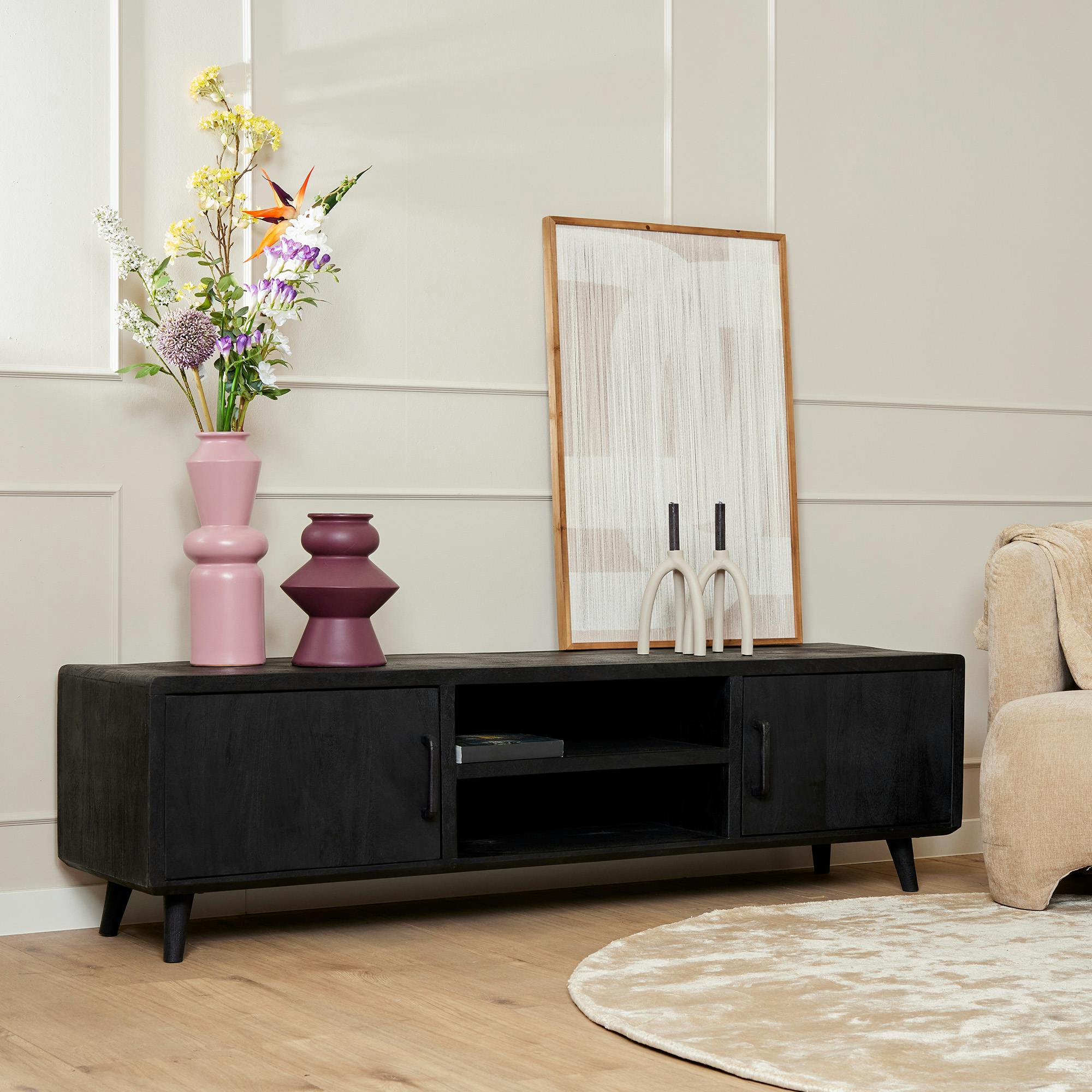 Meuble TV en bois noir style vintage 2 portes ALMA