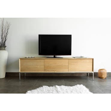 Meuble TV en Chêne massif naturel, 1 porte rabattable et 2 tiroirs 171x41x50cm KUBICO