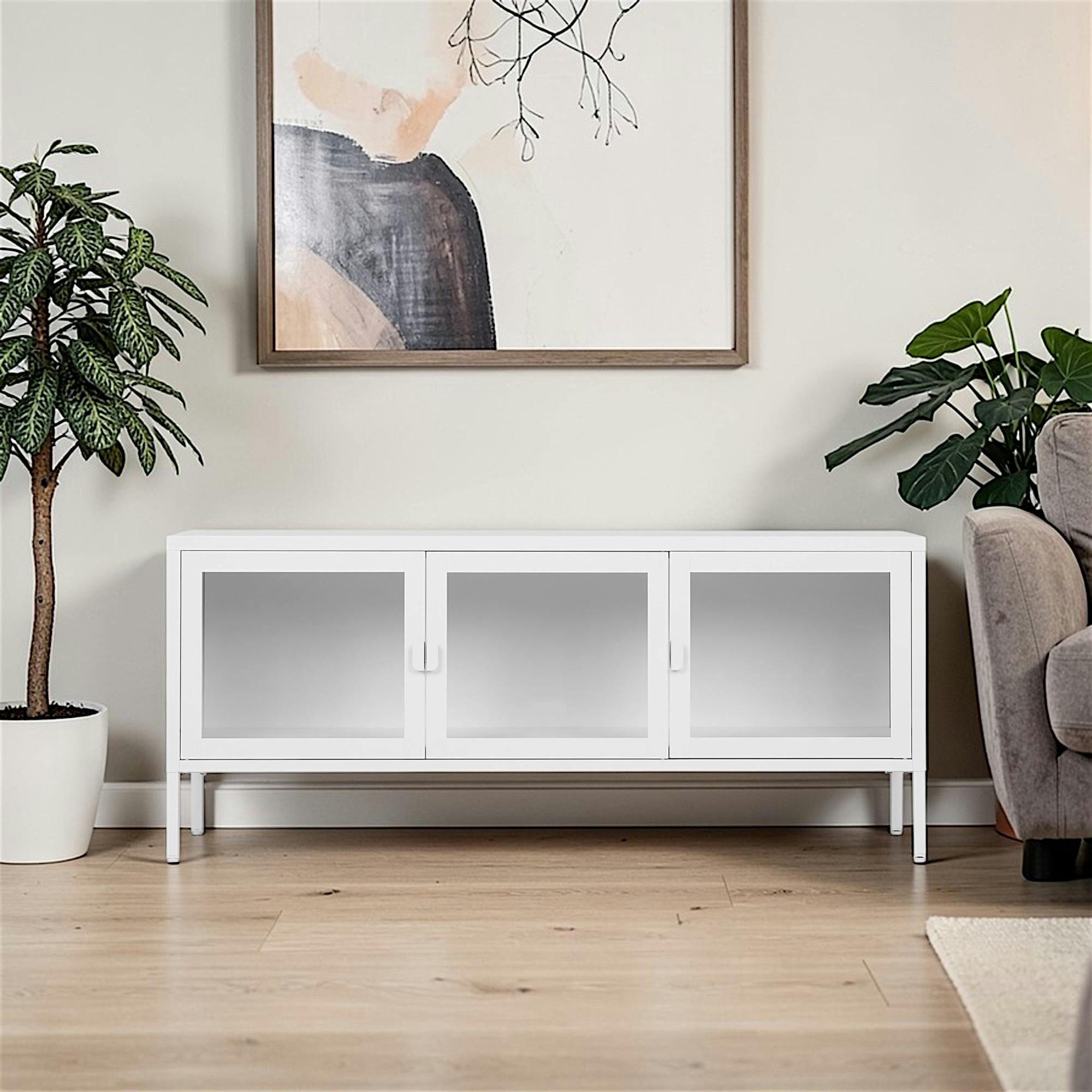 Meuble TV en métal blanc 3 portes vitrées ODENSE