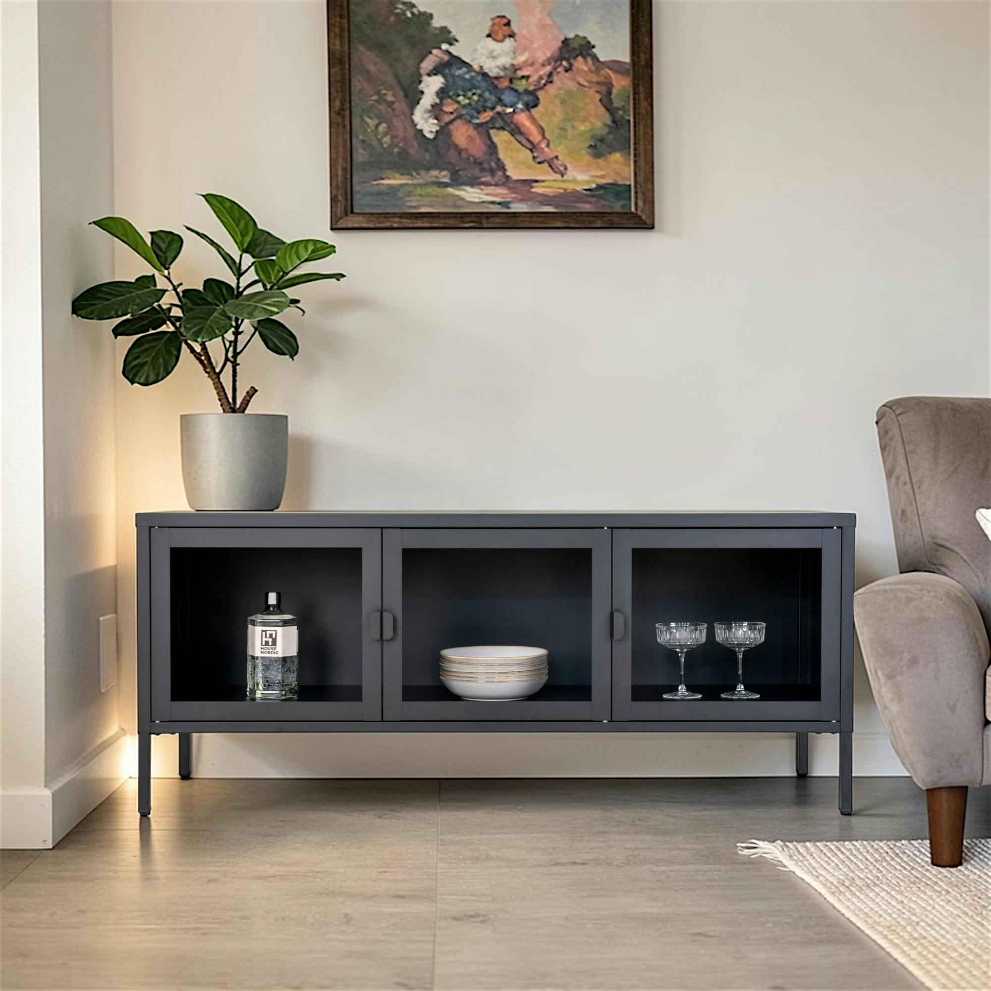 Meuble TV en métal noir 3 portes vitrées ODENSE