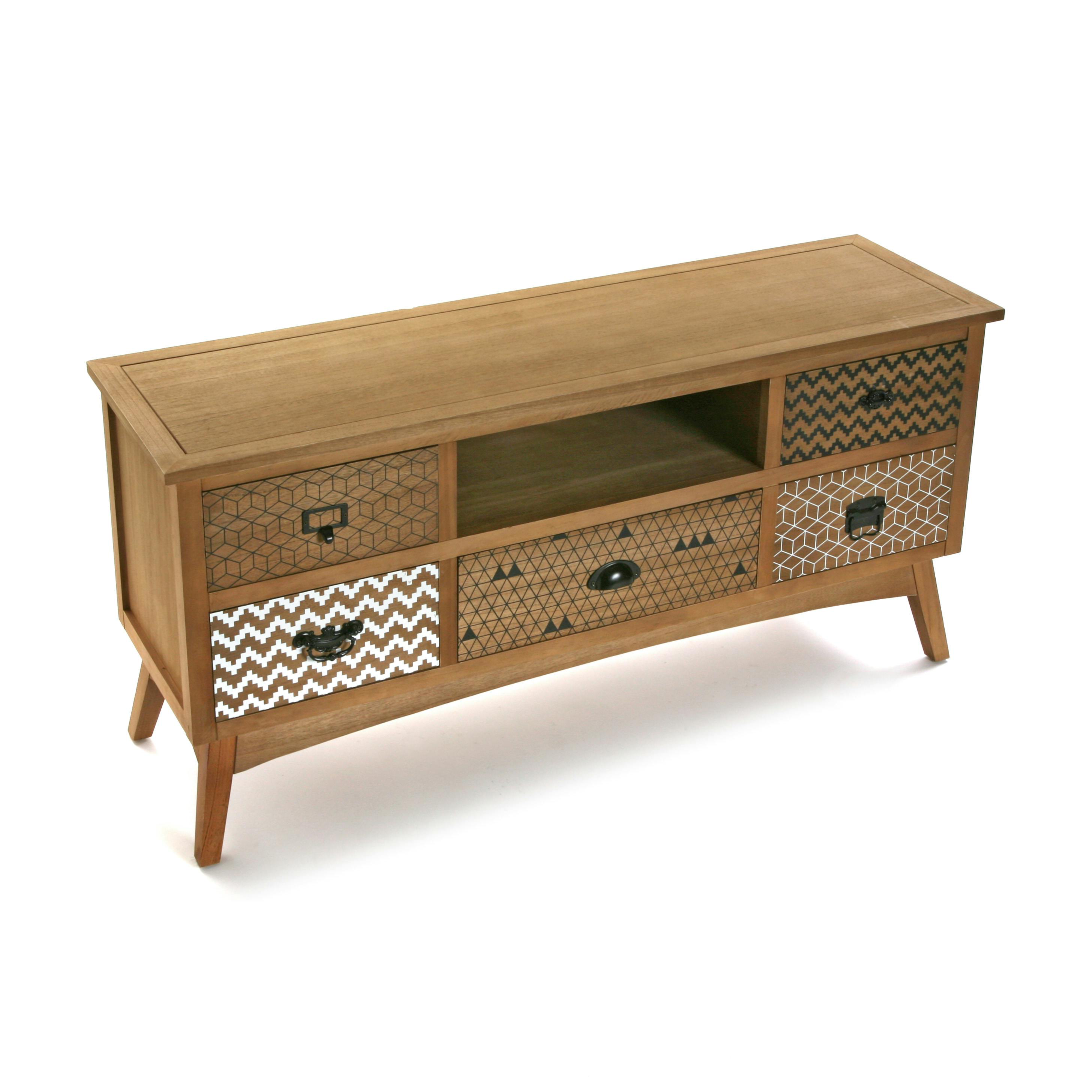 Meuble TV en pin 5 tiroirs décorés, 1 niche 120x35x56,5cm GRAFT