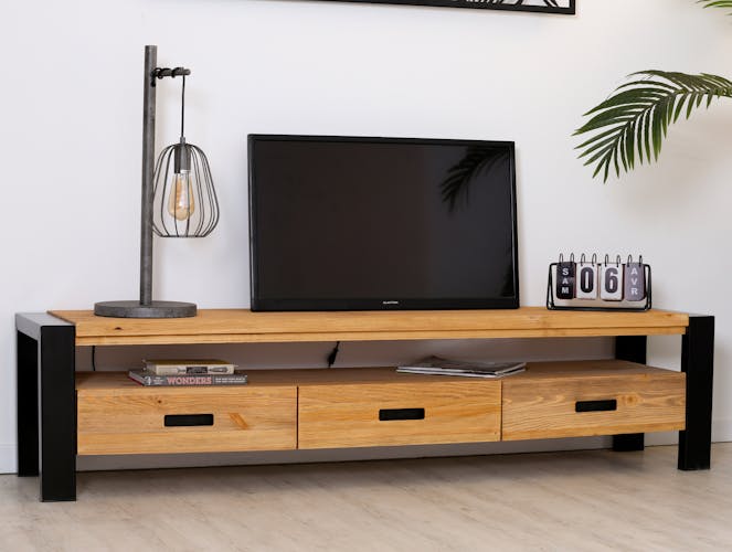 Meuble TV en bois et metal trois tiroirs de style industriel