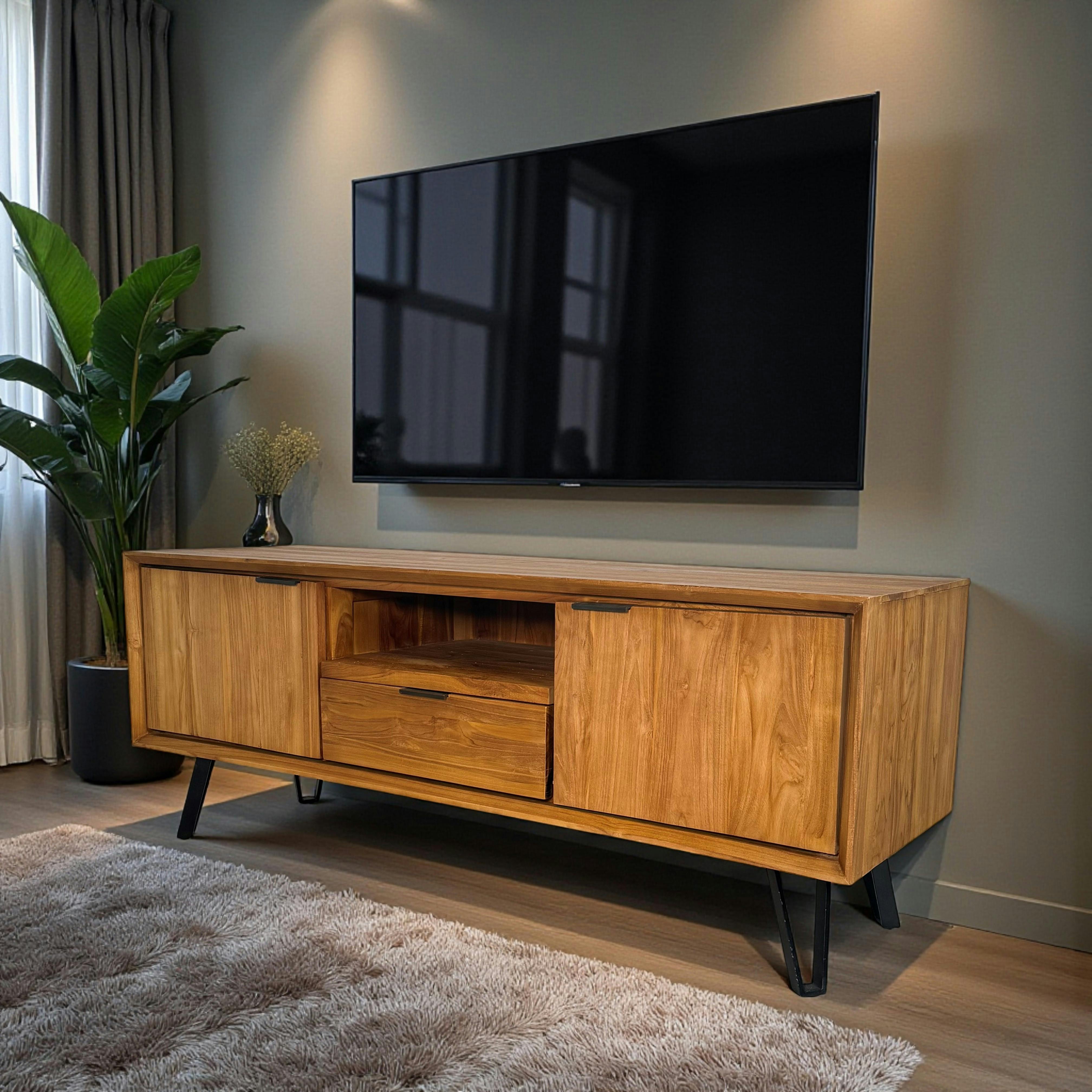 Meuble TV en bois pieds metal deux portes style vintage
