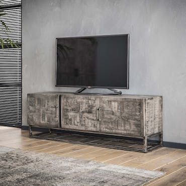  Meuble TV en bois et metal vieilli trois portes style contemporain