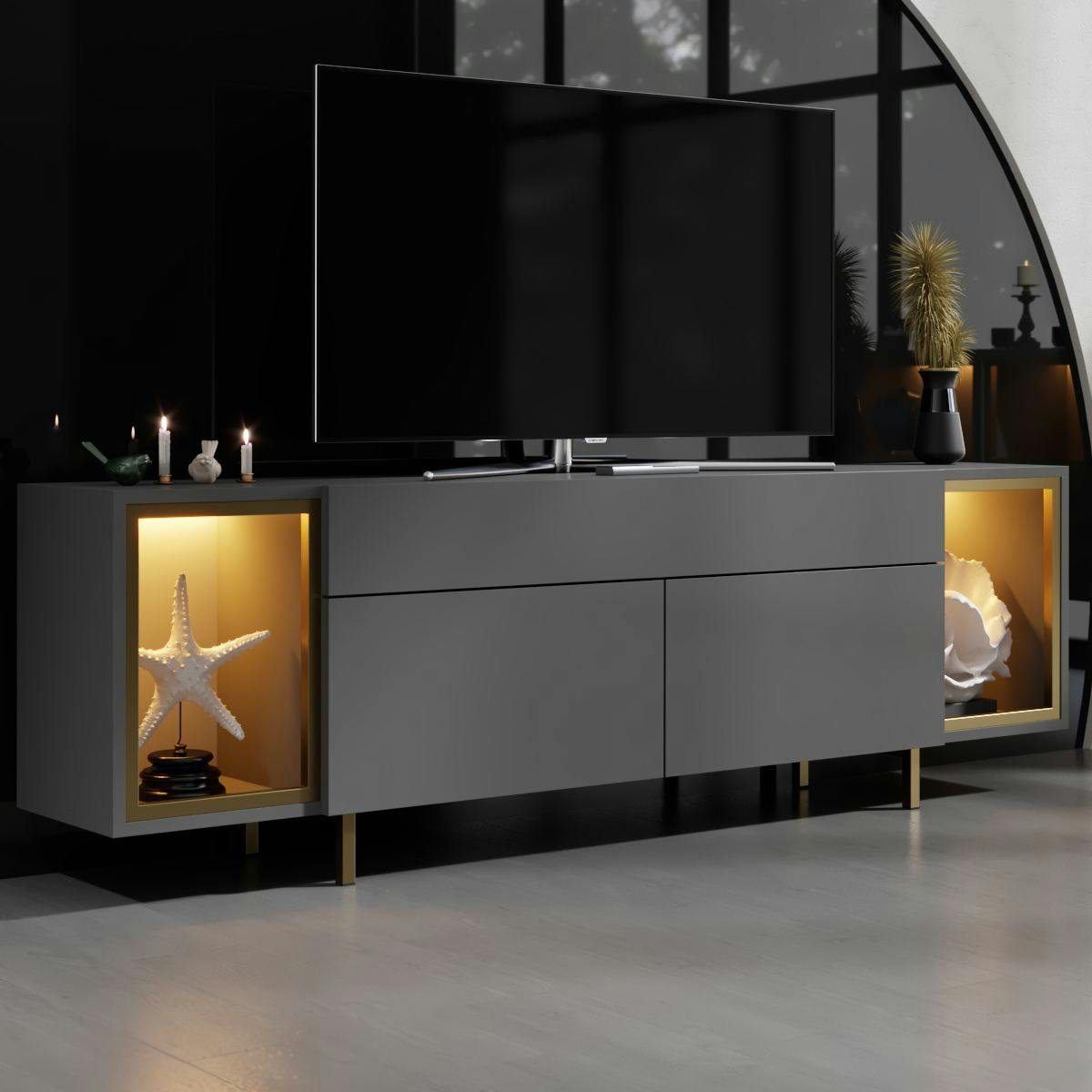 Meuble TV gris et doré 2 portes 2 niches LED AURA