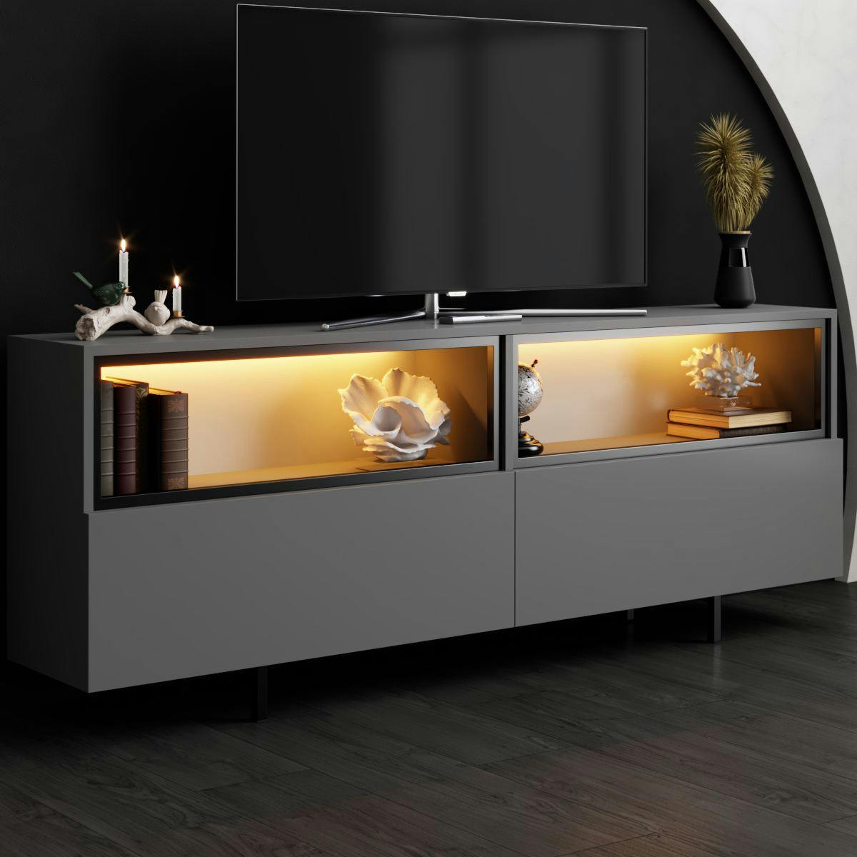 Meuble TV gris foncé 2 portes 2 niches hautes LED AURA